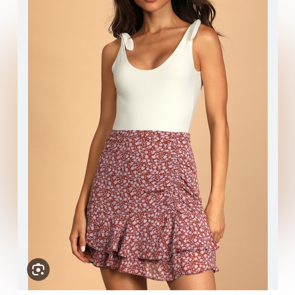 LuLus Always Carefree Rust Brown Floral Print Ruffled Mini Skirt